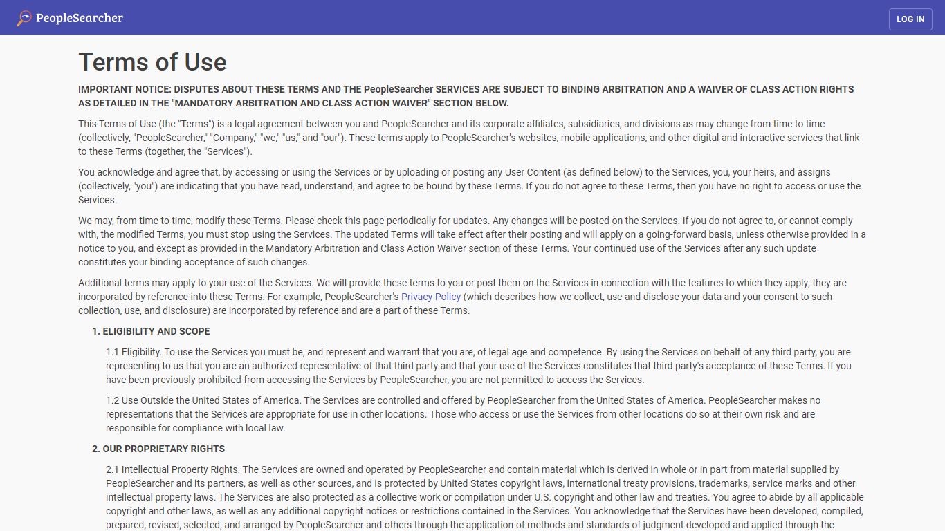 Terms of Use - Peoplesearcher